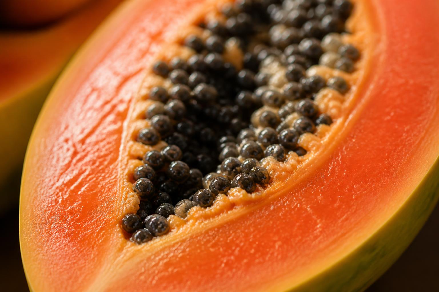 Close-up of ripe papaya flesh and seeds